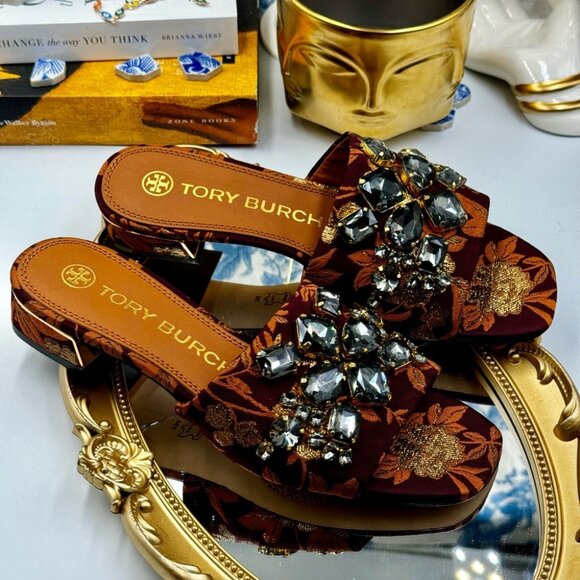🆕 TORY BURCH 🧿 NWOT Martine 25mm Slide, Burgundy & Gold Jacquard, Sz 7 - Picture 6 of 16